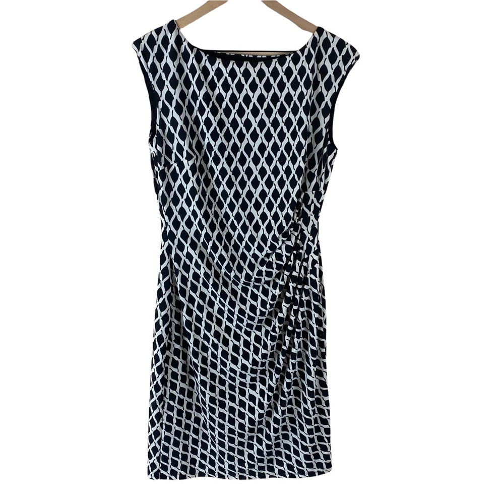 Ralph Lauren Black White Diamond Sleeveless Sheath Dress Stretchy Ruched size 10